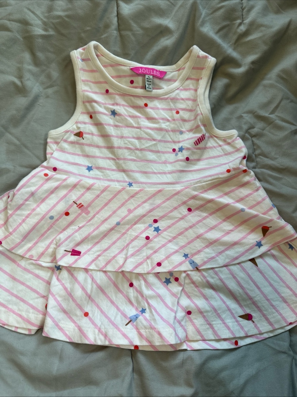 NWOT Joules sleeveless top Size 3y pink stripes all-over summer ice cream print.